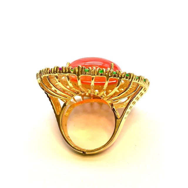 Bochic "Orient" Vintage Natural Orange Opal, Rodolite & Diamond Ring Set In 18K & Silver Natural Oval Shape Center Orange...