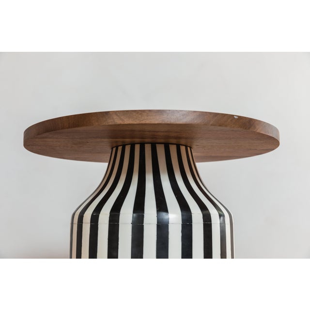 Black and White Striped Ceramic Side Table With Wooden Base | Chairish