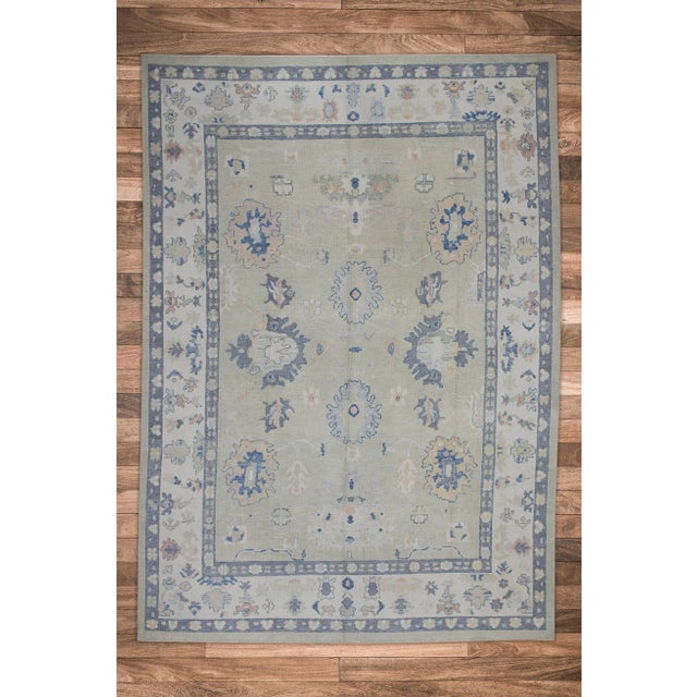 Textile Early 21st Century Green & Gray Floral Design Handwoven Wool Turkish Oushak Rug 9'11" X 14' For Sale - Image 7 of 8
