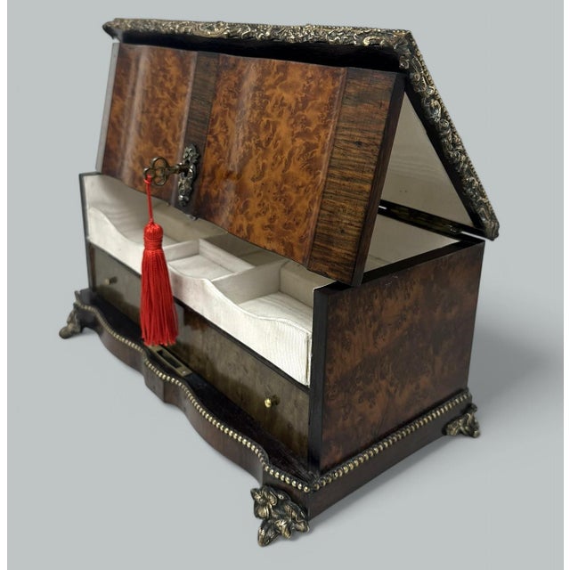 Wood Antique Bronze Burl Walnut French Jewelry Sewing Casket Silk Lined Interior 19c For Sale - Image 7 of 8