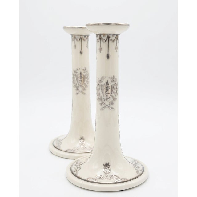 Art Nouveau A Pair of Lenox Belleek Porcelain Candlesticks With Sterling Silver Overlay For Sale - Image 3 of 5