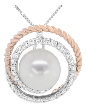 14K Rose and White Gold 3/8 Cttw Pave Diamond and 9mm Round Pearl Spiral Openwork 18" Pendant Necklace- (H-I Color, VS1-VS2 Clarity)