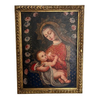 Attributed Cusco School Madonna & Child Oil on Canvas, Peru, 19th Century or Earlier, Family Provenance For Sale