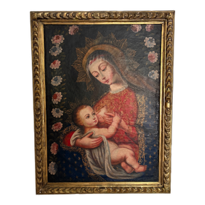 Attributed Cusco School Madonna & Child Oil on Canvas, Peru, 19th Century or Earlier, Family Provenance