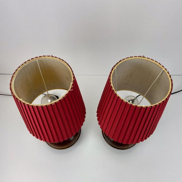 Wood Rustic Wood and Red Paper Shade Table Lamps, 1960s, Set of 2 For Sale - Image 7 of 8