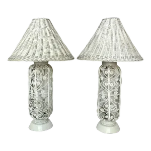 Vintage Wicker Fiddlehead Peacock Style Lamps With Shades- a Pair