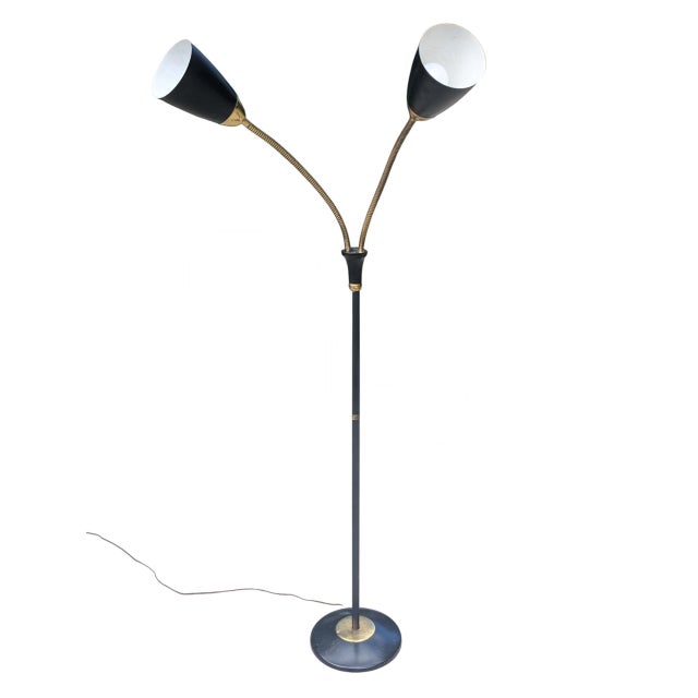Mid 20th Century Vintage Gerald Thurston for Lightolier Gooseneck Black and Gold Floor Lamp For Sale - Image 5 of 13