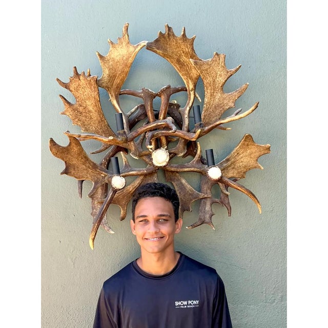 Contemporary Vintage Monumental Antler and Metal Wall Sconce For Sale - Image 3 of 12