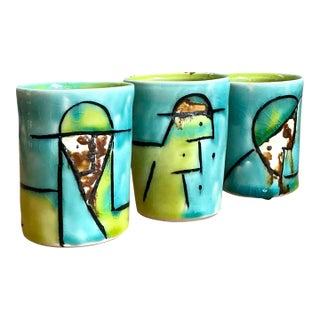 Vintage Hand-Painted Ceramic Cups For Sale