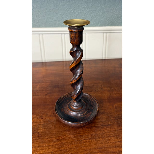 Antique English Barley Twist Candlesticks Candle Holders Oak Pair 10.5" Tall For Sale - Image 13 of 17