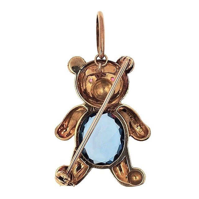 Contemporary 18k Gold Blue Topaz Teddy Bear Pin or Pendant For Sale - Image 3 of 5