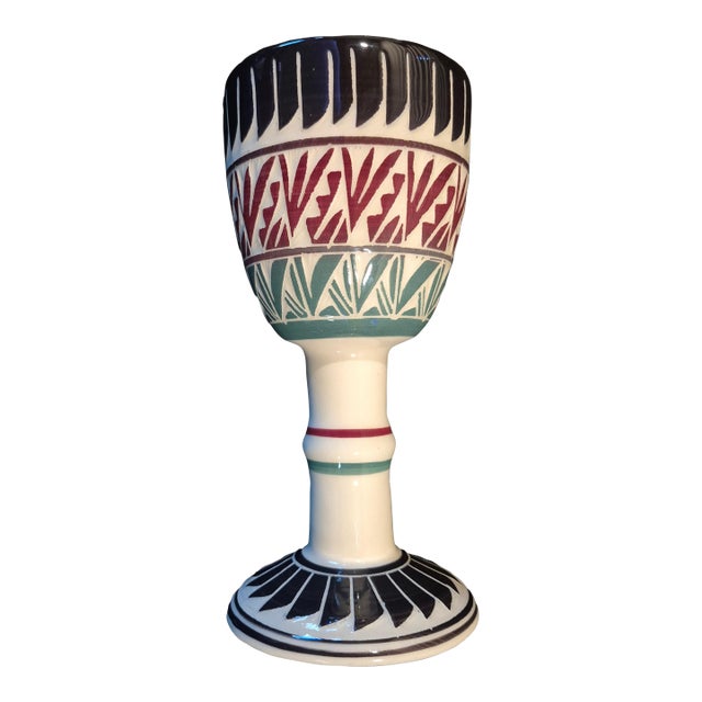 Mid 20th Century Navajo-Inspired Ceramic Goblet Featuring Traditional Geometric Patterns For Sale