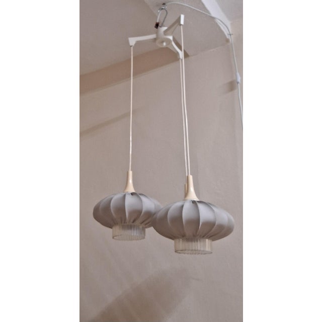 Vintage 3-Flame Cascade Lamp with White Plastic Frame and Gray Fabric Shades from Aro Leuchten, 1970s For Sale - Image 6 of 8