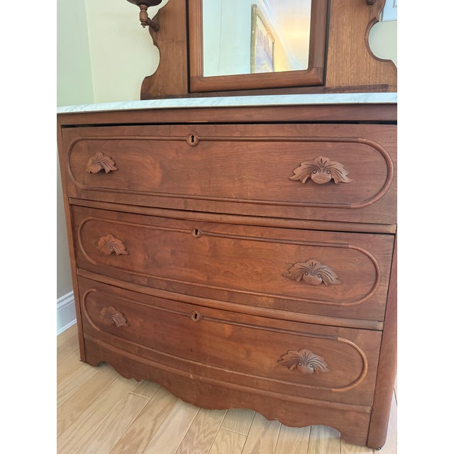 Wood Late-19th-Century to Early-20th-Century Victorian/Eastlake-Style Marble-Top Dresser With an Attached Mirror For Sale - Image 7 of 8