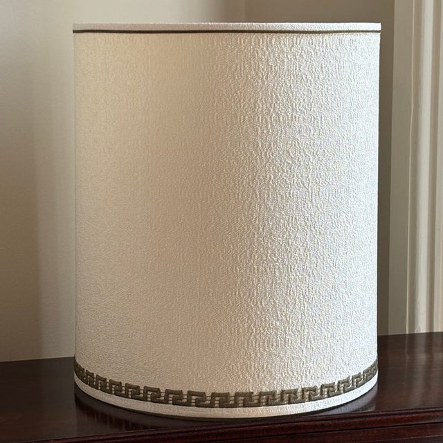 Offering a large and very lovely mid-20th century Stiffel drum shade with Greek border. This beautiful shade features an...