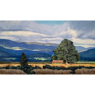 Under the Boughs by Judd Mercer | Oil on canvas Landscape with a tree and a small cabin in a field. For Sale