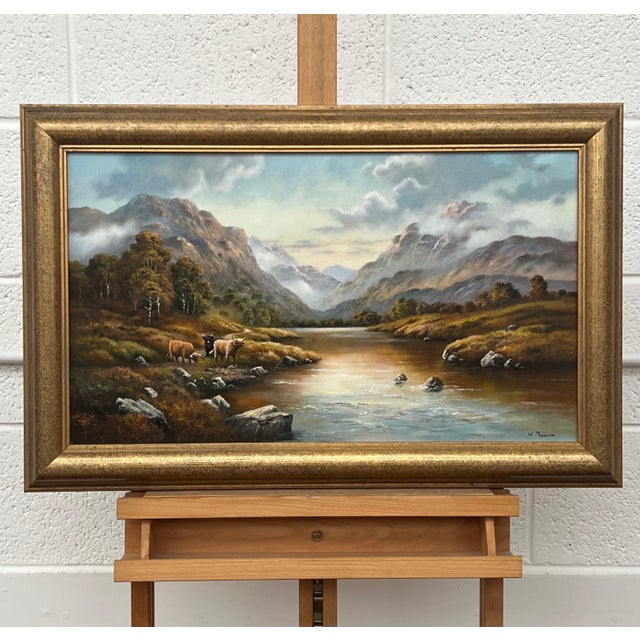 River Landscape with Highland Cows & Sheep in the Scottish Mountains 1985 Circa For Sale - Image 11 of 16