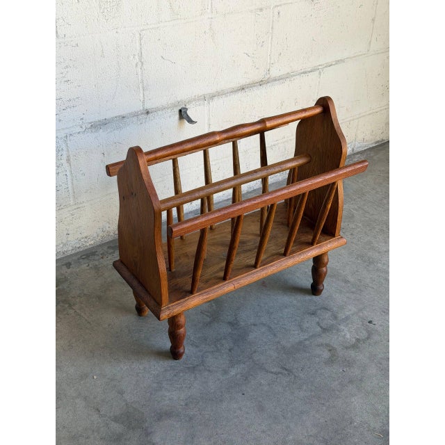 Vintage Oak Magazine Holder Standing Rack Newspaper Storage Floor Stand 1970s For Sale - Image 4 of 10