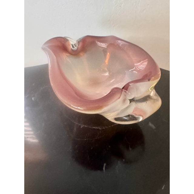 A beautiful vintage Murano art glass bowl with a soft opalescent white center, blush pink edging, and thick clear glass...