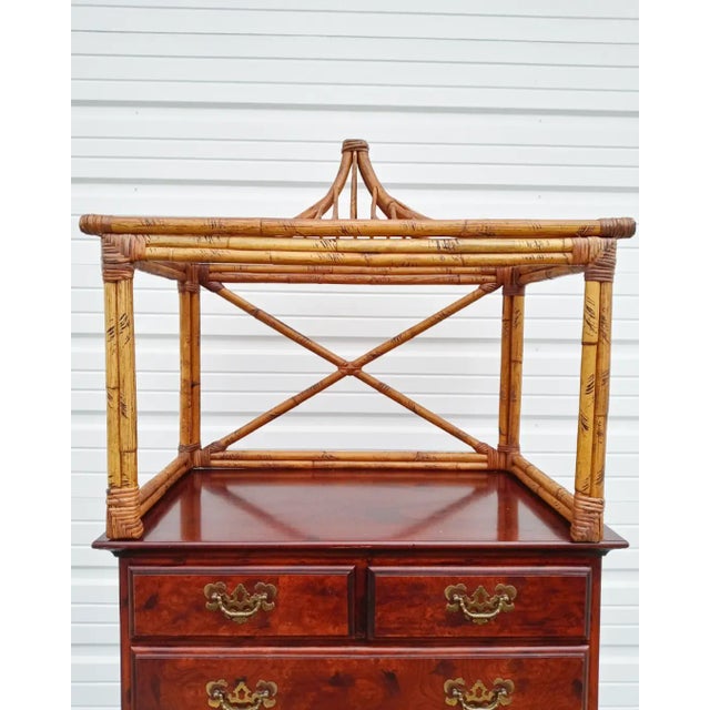 Oxblood Red Vintage Bamboo Pagoda Top 5 Drawer Mahogany Chest of Drawers Dresser For Sale - Image 8 of 13