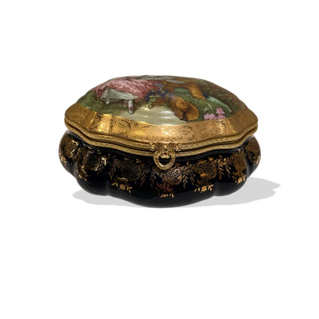 Rococo Vintage Limoges France Cobalt Blue Porcelain Jewelry / Trinket Box With 22k Gold Trim – Stunning & Excellent Condition For Sale - Image 3 of 6