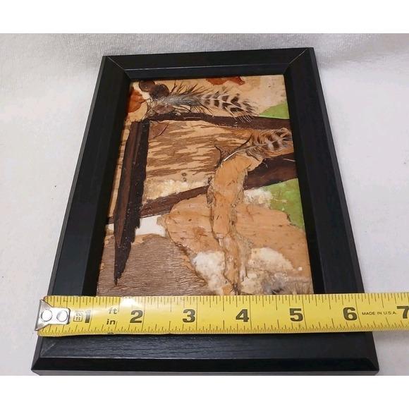 Nature Collage Mini Art Painting Bark Wood Australia Paper Feathers Black Frame For Sale - Image 10 of 11
