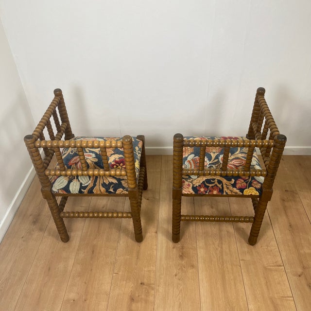 20th Century Corner Chairs in Turned Wood with Bobbins and Fabric Seats, 1950s, Set of 2 For Sale - Image 9 of 14