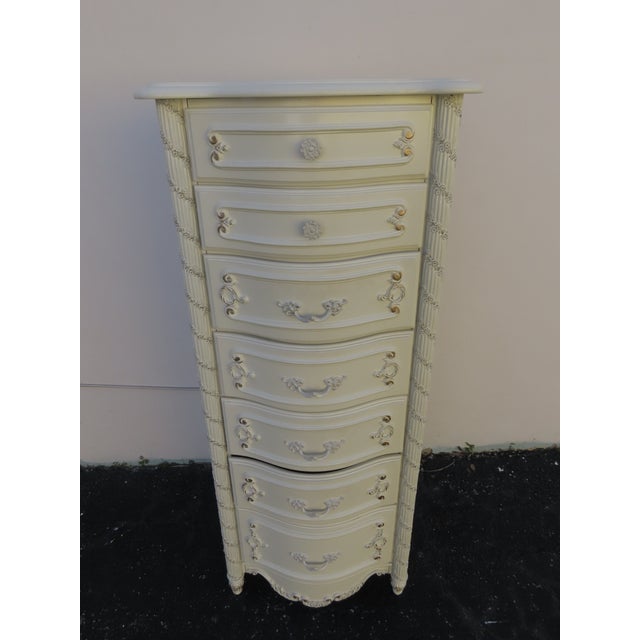 French Shabby Chic Painted Carved Tall Narrow Lingerie Jewelry Chest 6406 For Sale - Image 13 of 18