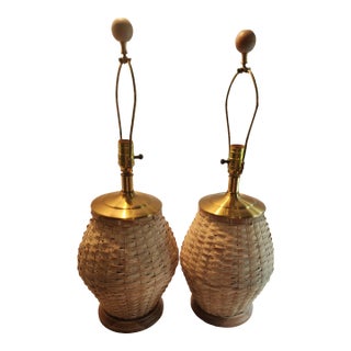 Large 1980s Palm Beach Regency Natural Rattan Table Lamps- a Pair 27.5 " For Sale