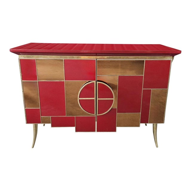 Sideboard with 2 Illuminated Doors in Burgundy Red Glass and Mirror, 1980s For Sale - Image 3 of 16