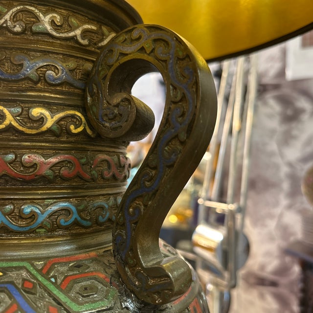 Antique Japanese Champleve Enamel & Bronze Urn Style Table Lamp For Sale - Image 4 of 10