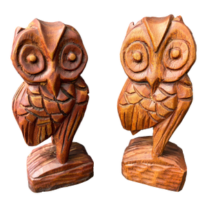 Vintage Carved MCM Wooden Owls a Pair
