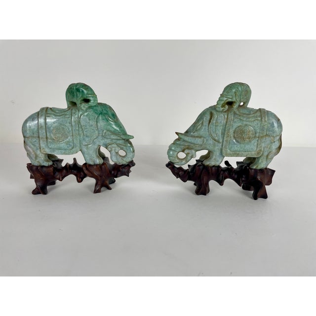 Mid 20th Century Pair of Chinese Carved Jade Elephant Sculptures on Custom Hardwood Stands For Sale - Image 5 of 12