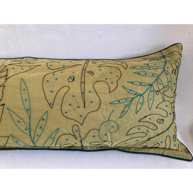 Transitional Contemporary Tropical Foliage Embellished Lime Green Long Lumbar Pillow Cover For Sale - Image 3 of 7