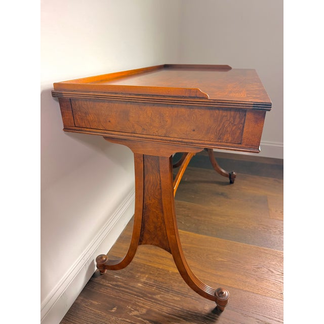1950s 1950s Baker Furniture Mahogany and Burl Wood Writing Desk / Console Table With Gallery Back – Traditional Elegant Design For Sale - Image 5 of 17