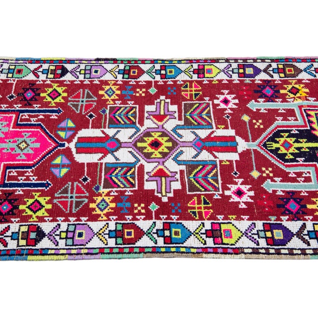 Textile Vintage Red Turkish Handmade Multicolor Geometric Pattern Wool Runner For Sale - Image 7 of 11