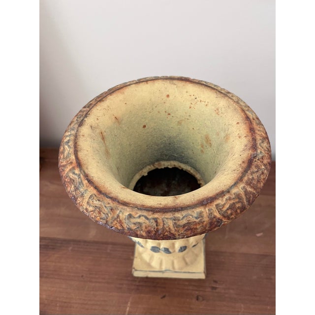 Mid-Century Petite Cast Iron Medici Style Garden Urn in Pale Yellow For Sale - Image 10 of 12