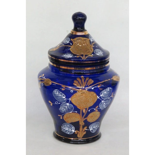 Cobalt Blue Glass Hand Painted Floral Urn Bonboniere Cookie Jar With Lid For Sale - Image 13 of 13