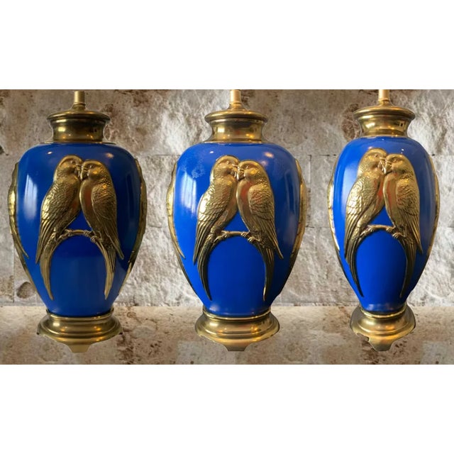 Traditional Vintage Brass Lamp: Love Birds Relief Design For Sale - Image 3 of 12