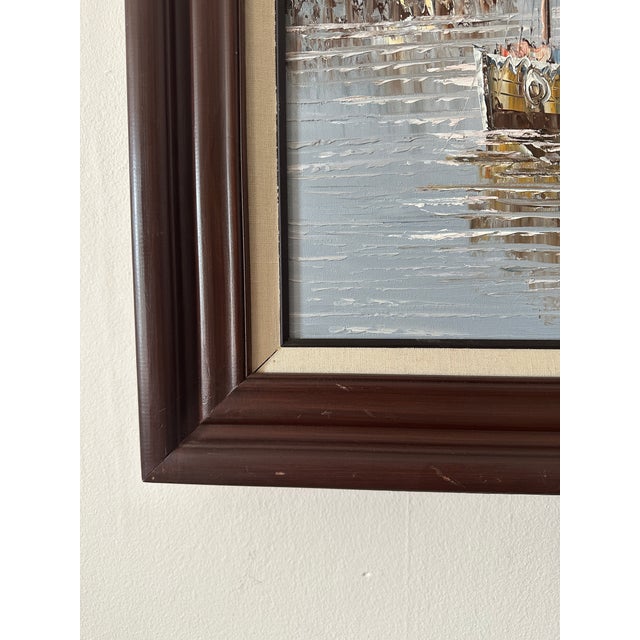 Vintage Midcentury Oil Painting of Boats in a Harbor, Framed and Signed W. Jones For Sale - Image 4 of 9