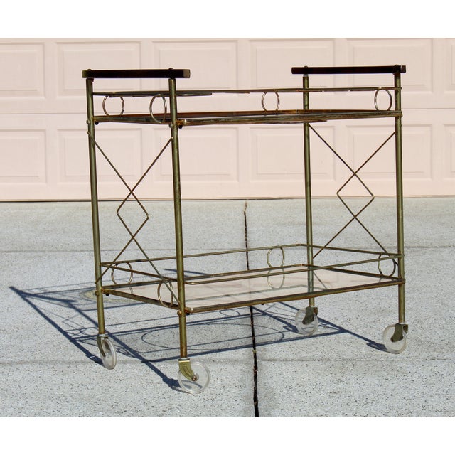 1960s Mid-Century Modern Brass & Glass Bar Cart With Blue & Gold Medallion Top | Hollywood Regency For Sale - Image 5 of 18