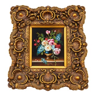 Vintage Floral Still Life Painting in Ornate Rococo-Style Gilt Frame For Sale