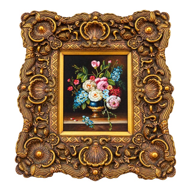 Vintage Floral Still Life Painting in Ornate Rococo-Style Gilt Frame For Sale