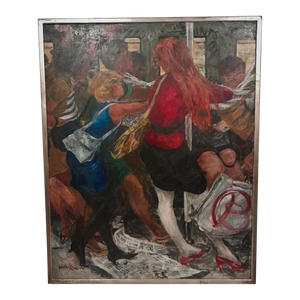 Julian Rockmore 1980s New York City "Rockaway Express" Subway Scene Social Realist Oil Painting on Canvas