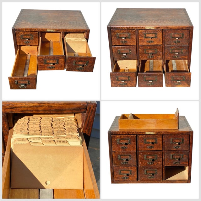 Antique Oak 9 Drawer Index Card Wood File Cabinet For Sale - Image 10 of 11