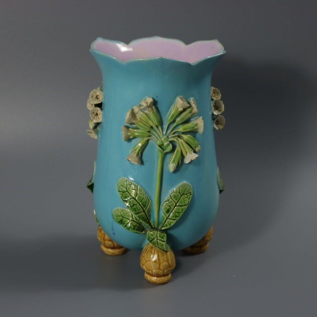 Victorian Minton Majolica Floral Vase With Bulb Feet For Sale - Image 3 of 13