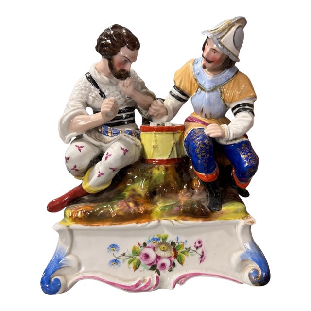 Antique Victorian 9" Figural Porcelain Landscape Group of 2 Gents Playing Dice For Sale