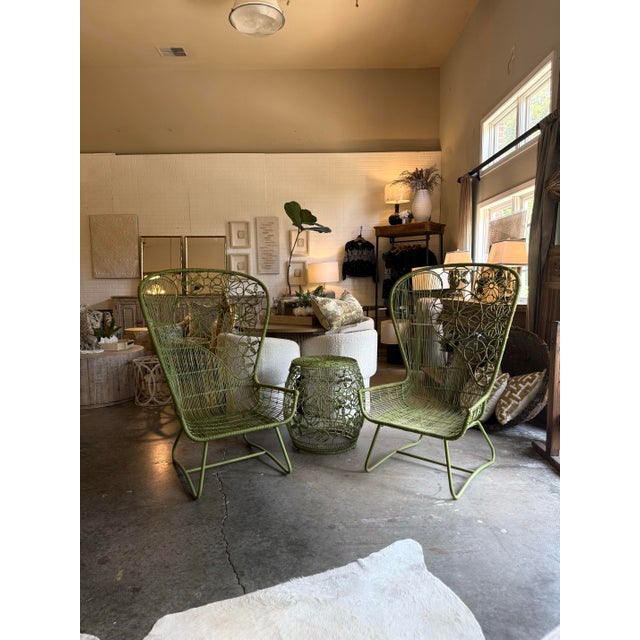 Mid-Century Modern Pair of Crinoline Vintage Floral Lattice Peacock Chairs For Sale - Image 3 of 11