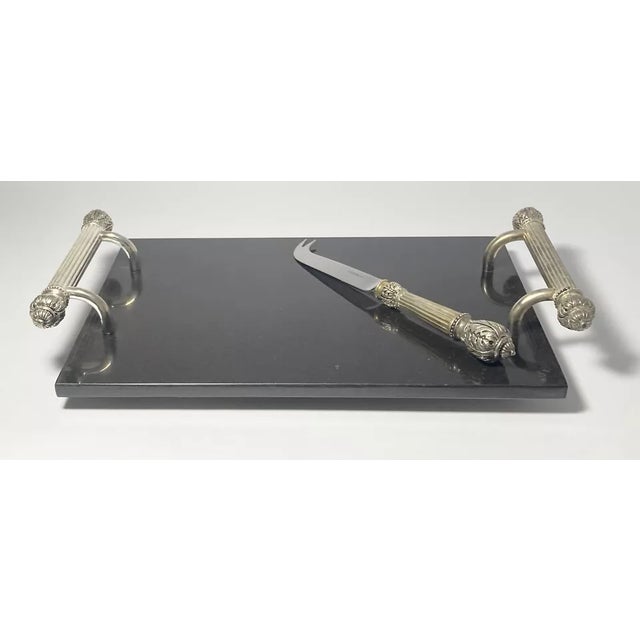 Godinger “Plume” Silverplate & Black Marble Cheese Board & Knife 13.5” Good condition. Needs polishing. No damage to...