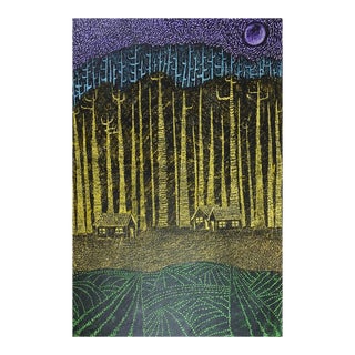 Mid 20th Century Modernist Forest Cabin Mixed Media Painting For Sale
